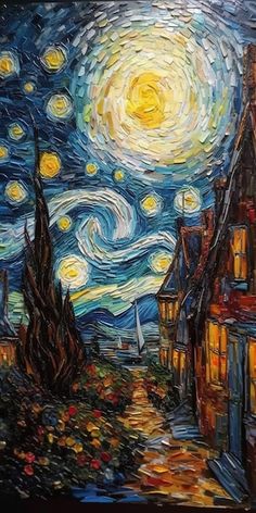 a painting of a starry night with buildings and trees