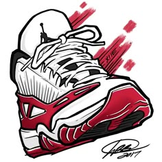 a drawing of a hockey shoe with red and white paint splattered on it