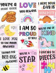 i love you to the moon and back card set with unicorns, stars, hearts,