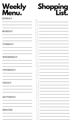 a printable shopping list for the week with black and white writing on it,