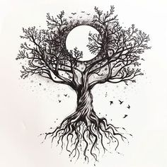 an ink drawing of a tree with its roots spread out and the moon in the background