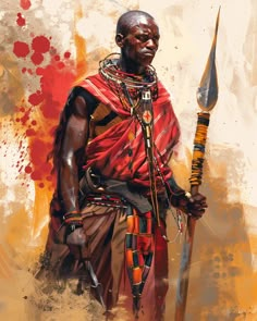 a painting of an african man holding a spear