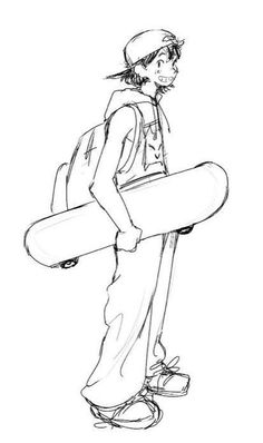 a drawing of a person with a snowboard in his hand and wearing a backpack