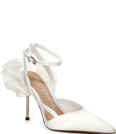 From Gianni Bini Bridal Collection&#x2C; the Bradley Satin Ruffle Ankle Strap Pumps feature:Satin upperRuffle detailing on back counterPearl heel detailComes with a "hello gorgeous" dust bag&#x2C; two options of rhinestone decals that say "I" & "DO" in clear and blue to put on the bottom of shoes&#x2C; and care cardPadded 4mm memory foam sockAnkle strap with buckle closureSynthetic liningSynthetic outsoleApprox. 3.74" heel heig Gianni Bini Heels, Rhinestone Decal, Bridal Heels, Ankle Strap Pumps, Strap Pumps, Hello Gorgeous, Gianni Bini, Dillard's, Bridal Collection