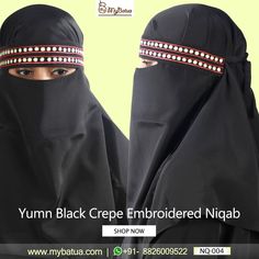 Fabulous fabric Yumn Black Crepe Embroidered Niqab! Single layered with tying cords at back.  #crepeniqab #niqab #muslimahfashion #spring2018 #mybatua #muslimah #modestfashion #hijabista #ramadan2018 Face Veil, Hijab Style Casual, Fabulous Fabrics, Muslimah Fashion, Niqab, Leather Glove, Hijab Fashion, Modest Fashion, Ramadan