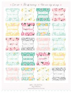 an assortment of pastel colored boxes with floral designs on the top and bottom, all lined up in rows