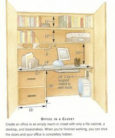 an office in a closet is shown with measurements