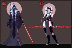 two characters from star wars, one with lightsabens and the other with swords