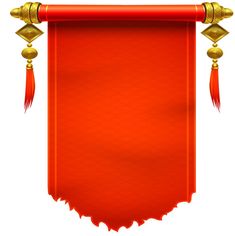 an orange banner with gold accents and tassels hanging from it's sides