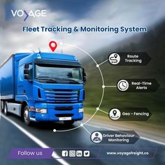 a blue truck driving down a road next to a red marker that says fleet tracking and monitoring