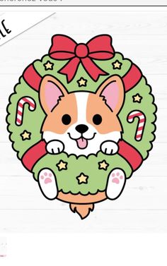 a corgi with a wreath and candy canes on it