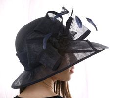 Derby style hat, Navy wide-brim hat, Kentucky derby hat, Asymmetric sun hat, Wedding hat, Tea Party Summer Party Cloche Boater Hat, Chic Cloche Hat For Spring Parties, Summer Evening Fedora Hat, Summer Evening Cloche Hat With Short Brim, Spring Party Cloche Hat With Curved Brim, Elegant Wide Brim Top Hat For Summer, Chic Cloche Hat For Royal Ascot Party, Chic Cloche Hat For Party At Royal Ascot, Chic Party Cloche Hat For Royal Ascot