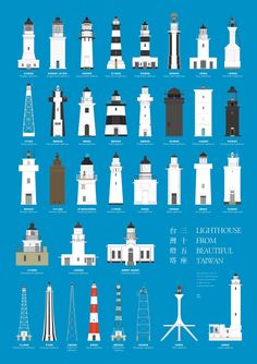 an illustrated poster with lighthouses in different sizes and colors, all on a blue background