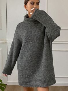 Floral Grey Turtleneck Long Sleeve Loose Knit Sweater Dress For Women Grey Casual  Long Sleeve Knitwear Plain  Medium Stretch Fall/Winter Women Clothing, size features are:Bust: ,Length: ,Sleeve Length: Greenbrier Christmas, Loose Knit Sweater, Drop Shoulder Cardigan, Solid Color Jumpsuits, Shapewear Tops, Sports Shorts Women, Grey Turtleneck, Loose Knit Sweaters, Turtleneck Long Sleeve