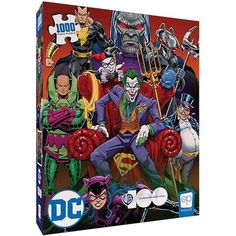 dc comics puzzle box with the jokers and their characters in different poses on it