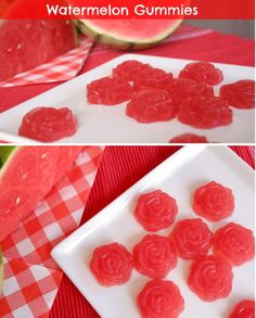 watermelon gummies on a white plate next to a slice of watermelon