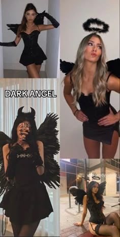 four different pictures of women dressed in costumes and devil horns, with caption that says dark angel