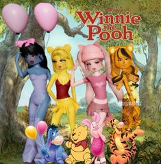 winnie the pooh movie poster with many different characters in front of trees and balloons