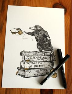 a drawing of a raven sitting on top of books