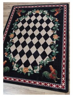 a rug with roosters and checkered design on the floor in front of a wooden floor