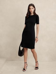 Scuba Seamed Knee-Length Dress | Banana Republic Factory Short Black Dress, Black Knee Length Dress, Style At A Certain Age, Dress Sleeves, Classic Black Dress, Black Dress With Sleeves, Dress Closet, Black Short Dress, Business Formal