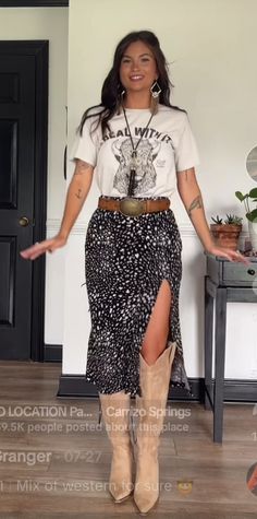 Leopard Country Outfit, Skirts With Boots Country, Yellowstone Chic Outfit, Western Bonfire Outfit, Rodeo Mama Outfit, Western Event Outfit, Cowgirl Outfit With Skirt, Mexican Date Night Outfit, Flower Fields Outfit