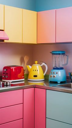 a kitchen with colorful cupboards and appliances on the counter top, including a blender