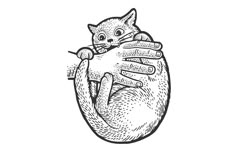 a black and white drawing of a hand holding a cat in it's palm