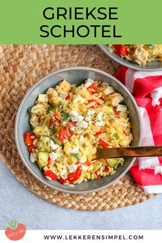 two bowls filled with rice and vegetables on top of a table next to a red and white towel