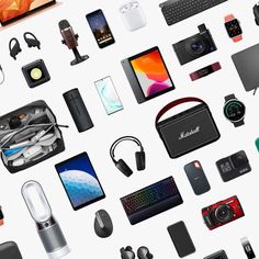 an assortment of electronics and gadgets displayed on a white background