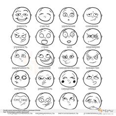 cartoon faces with different expressions for each face, including the eyes and mouth shapes in various ways