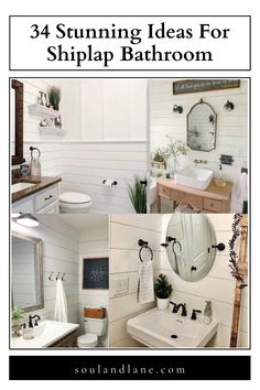 the bathroom is decorated in white and has lots of decor on it, including a round mirror