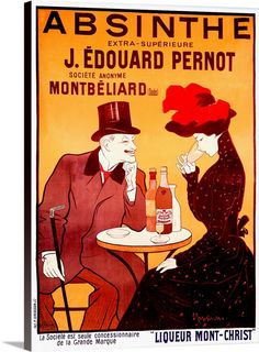 an advertisement for absintte with two people sitting at a table