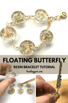 the instructions for how to make a flower bracelet with glass beads and gold plated charms