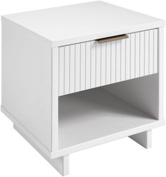 a white nightstand with a drawer on the bottom and one drawer open to reveal an object