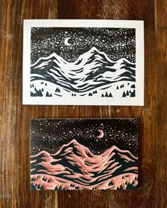 Starry mountains block print by MP Mountainworks on Etsy | relief printing printmaking linocut linoart Speedball mountains stars night sky moon winter landscape mountain trees pretty scene art artwork home decor outdoors outdoorsy 5x7 Linocut Winter Scene, Northern Lights Linocut, Block Print Mountains, Block Printing Aesthetic, Linocut Prints Mountains, Lino Print Mountains, Linocut Prints Landscape, Linoleum Carving Ideas Block Prints, Mountain Printmaking