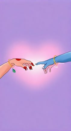 two hands reaching out towards each other in front of a purple and blue sky background