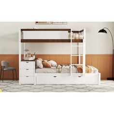 a white bunk bed with drawers underneath it