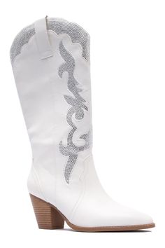 White Block Heel Flame Knee High Boots Rhinestone Cowboy Boots, Rhinestone Cowboy, White Block Heels, Cow Shirt, Flame Design, Mens Cowboy Boots, Rhinestone Embellishments, Wedge Sneakers, Autumn Cozy