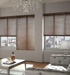 a living room filled with furniture and windows covered in blinds