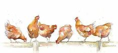 a group of chickens standing on top of a wooden post in front of a white wall