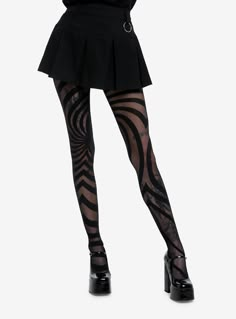 Step into sophistication in these black sheer tights  featuring swirl designs that'll add a touch of flair to your look.60% polyester; 35% nylon; 5% spandexHand wash cold; drip dryImported Black Metal Fashion Woman, Black Mesh Tights Outfit, Black Bow Tights, Tights With Designs, Whimsy Goth Clothes, Weird Tights, Spiral Tights, Pretty Tights, Goth Tights