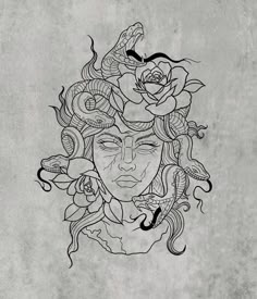 a woman's face with roses and snakes on her head, drawn in black ink