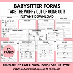 the babysitter forms printable worksheet is shown in black and white