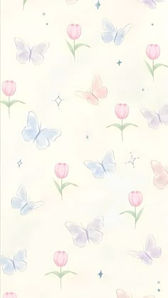 a wallpaper with pink and blue butterflies on the back ground, in pastel colors