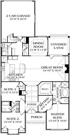 the first floor plan for a home with two car garages