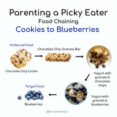 blueberries and other foods are shown in the diagram, with words describing how to eat them