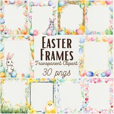 watercolor easter frames with eggs, flowers and bunnies for photoshopping or clipping