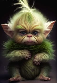 an illustration of a green troll with blue eyes and long hair sitting on the ground