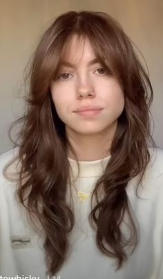 Long Hair Curtain Bangs Hairstyles, Wispy Bangs Frizzy Hair, 70s Hairstyles Wavy Hair, 70s Layers Hair Long Shag, Slight Fringe Haircuts, Shaggy Layered Haircuts Long Wavy, Wolfcut Hair Long Wavy With Bangs, Haircut Ideas Wavy Hair Medium, Ayla Woodruff Hair